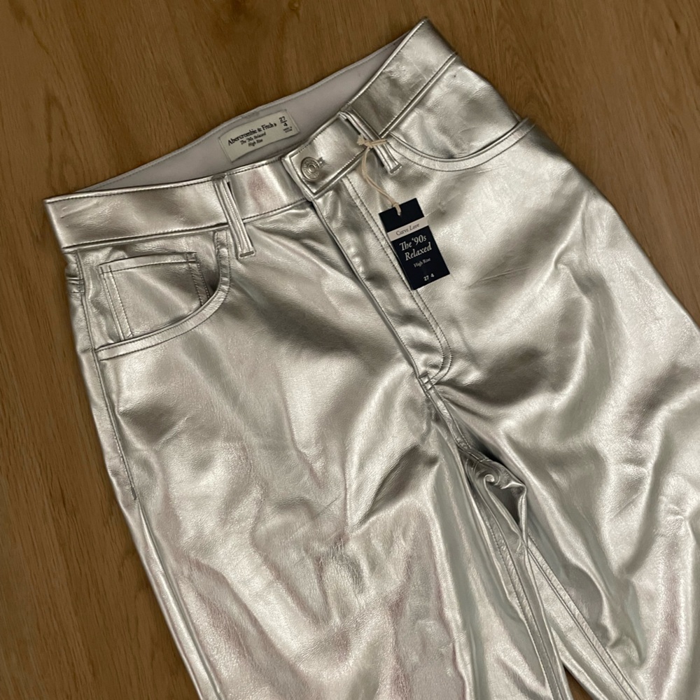 Abercrombie and Fitch • Silver Vegan Leather 90s Relaxed Pant - Picture 4 of 7
